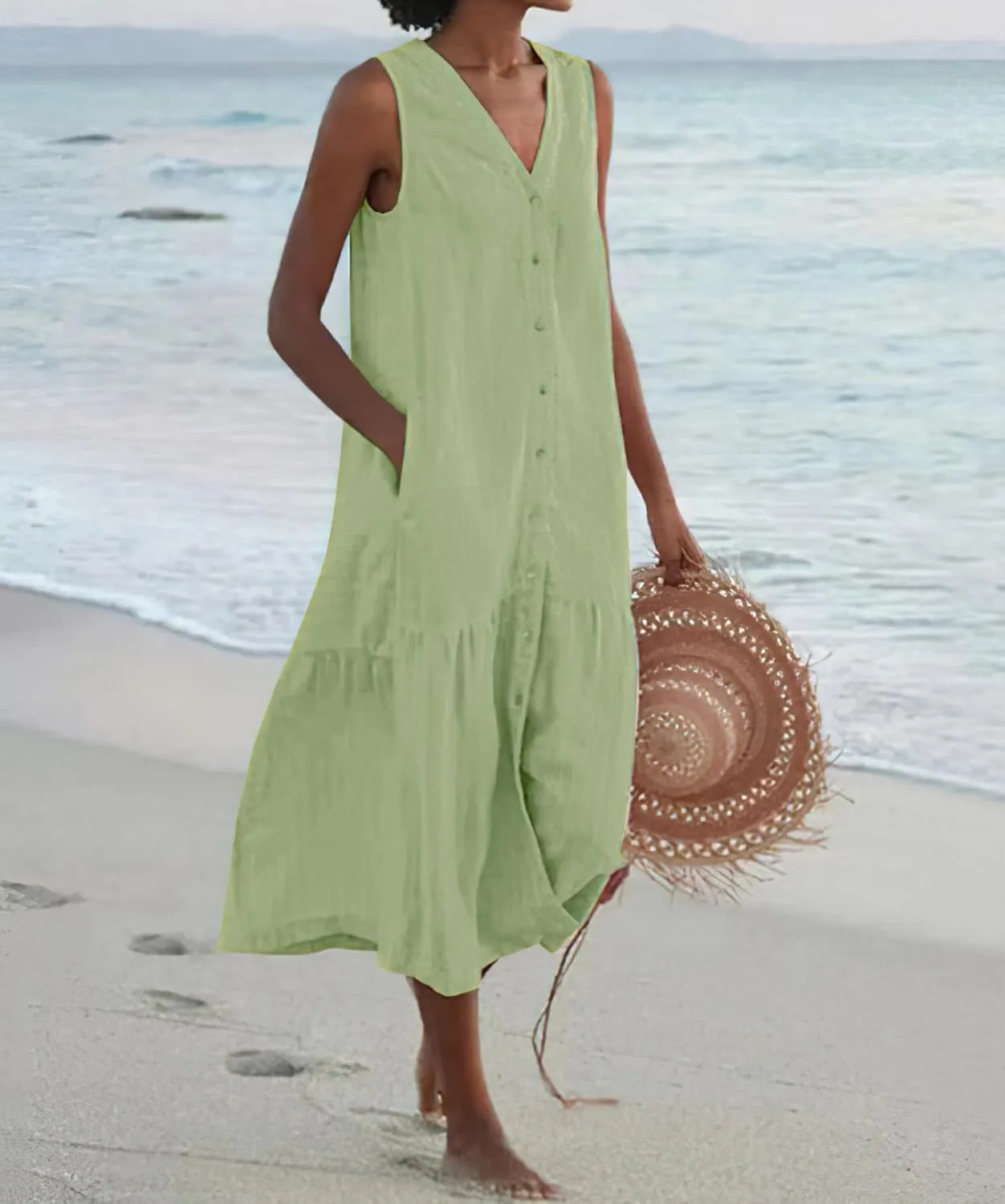 chouyatou Women's Summer Sleeveless Button Down Cotton Tank Dress Loose A-Line Tiered Tunic Beach Dress
