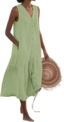 chouyatou Women's Summer Sleeveless Button Down Cotton Tank Dress Loose A-Line Tiered Tunic Beach Dress