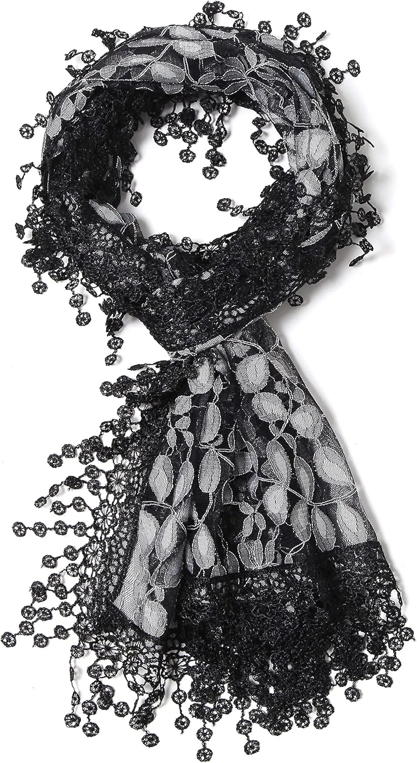 Cindy and Wendy Lightweight Soft Leaf Lace Fringes Scarf shawl for Women
