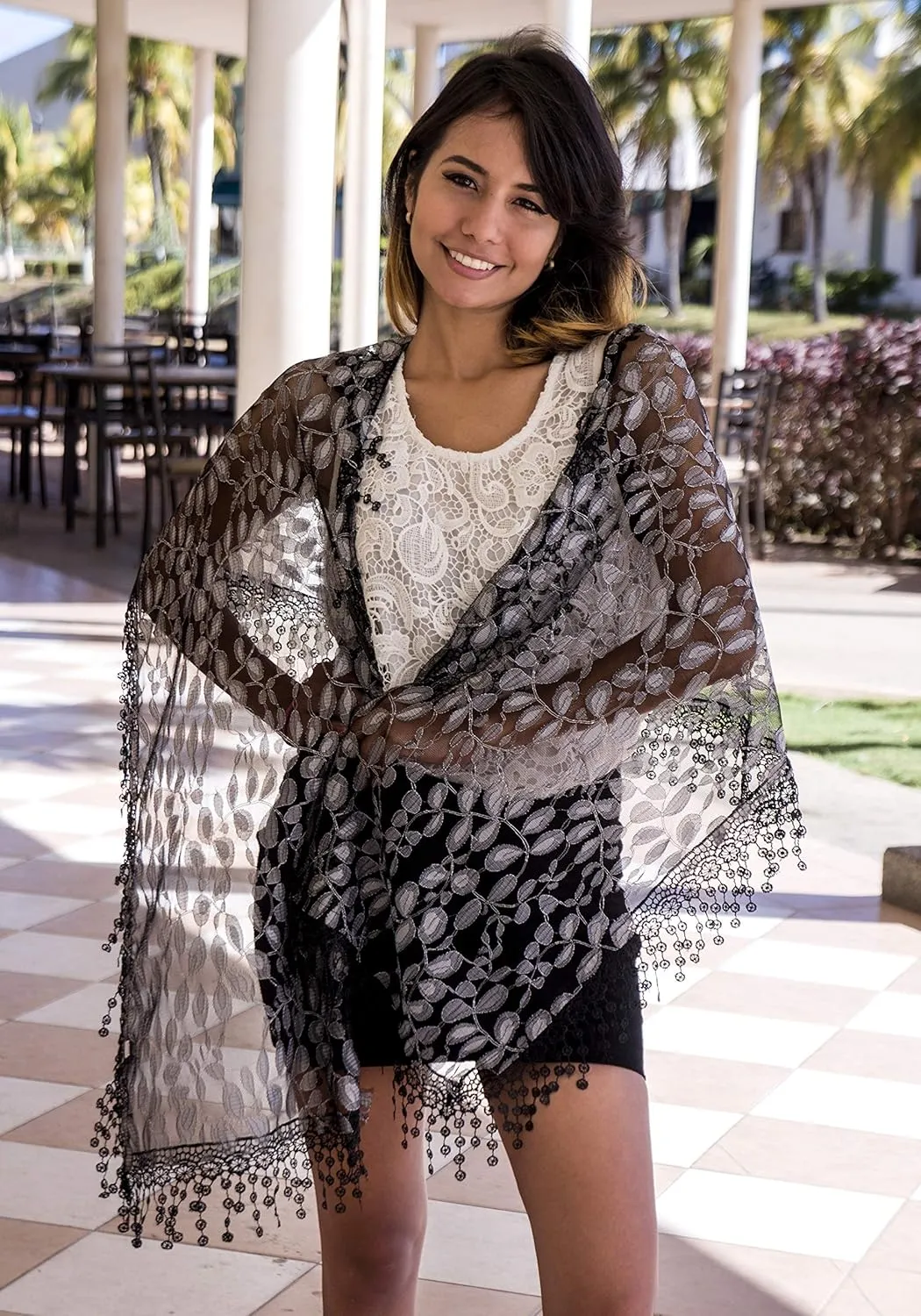 Cindy and Wendy Lightweight Soft Leaf Lace Fringes Scarf shawl for Women