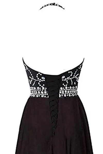 Classy Black And White Halter Lace Up Long Beaded Prom Dress