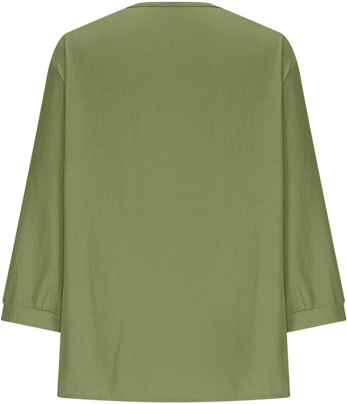 Cotton Linen Tops for Women 3/4 Sleeve Tees Frill Trim V Neck Blouse Cute Summer Vacation Breathable Shirt