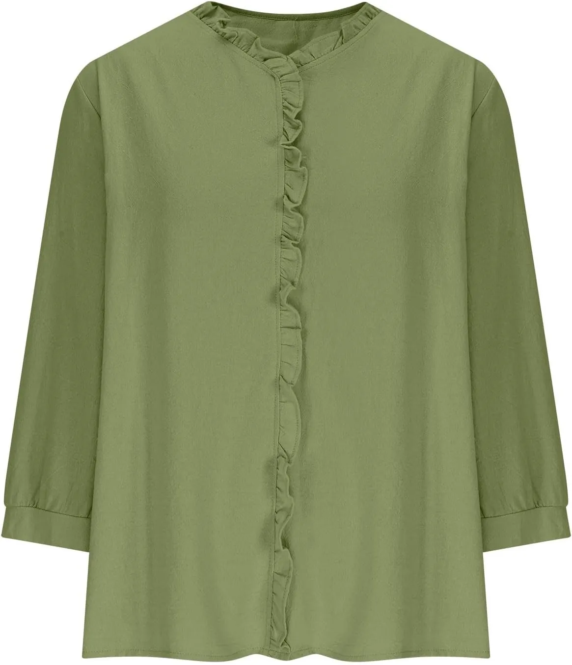 Cotton Linen Tops for Women 3/4 Sleeve Tees Frill Trim V Neck Blouse Cute Summer Vacation Breathable Shirt