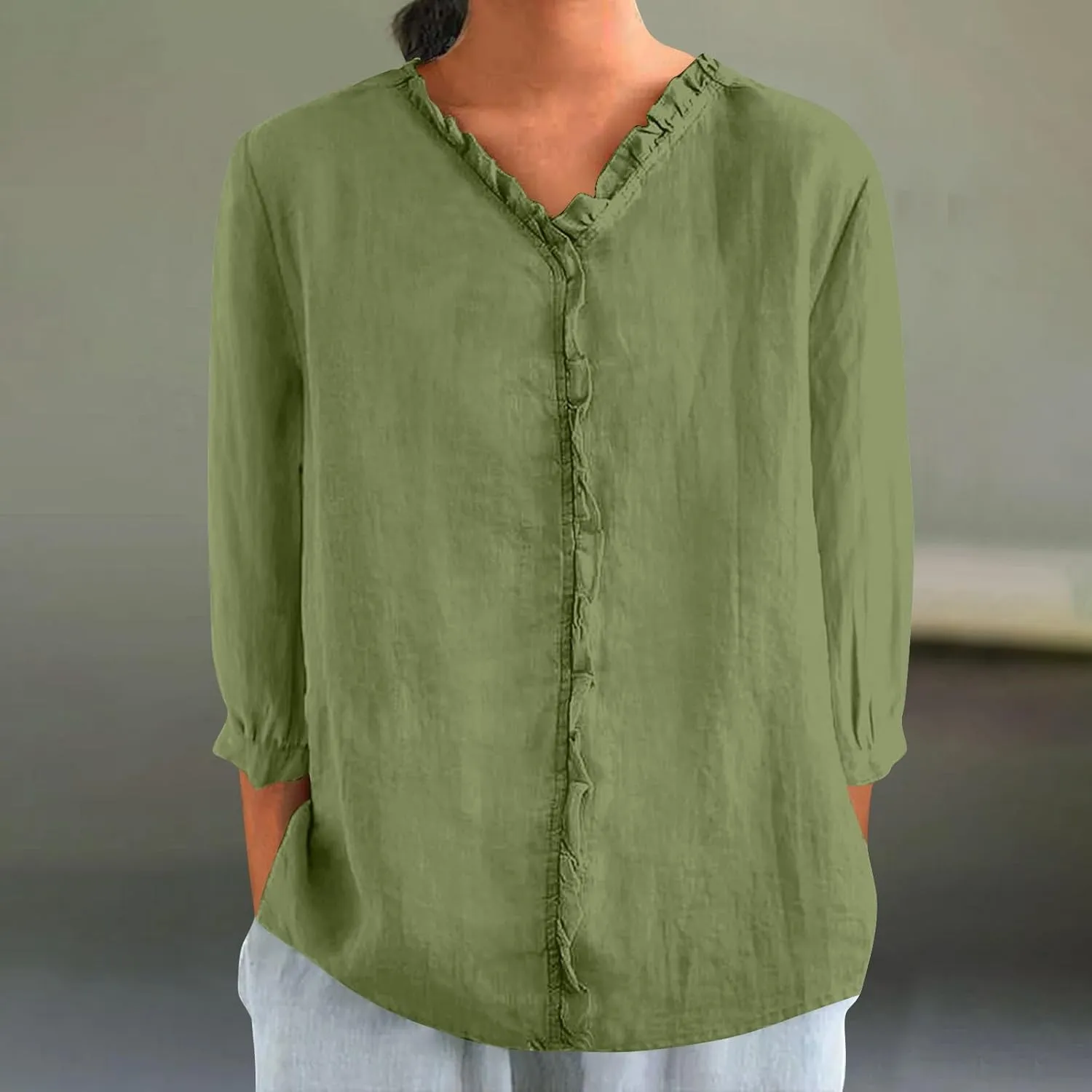 Cotton Linen Tops for Women 3/4 Sleeve Tees Frill Trim V Neck Blouse Cute Summer Vacation Breathable Shirt