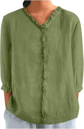 Cotton Linen Tops for Women 3/4 Sleeve Tees Frill Trim V Neck Blouse Cute Summer Vacation Breathable Shirt