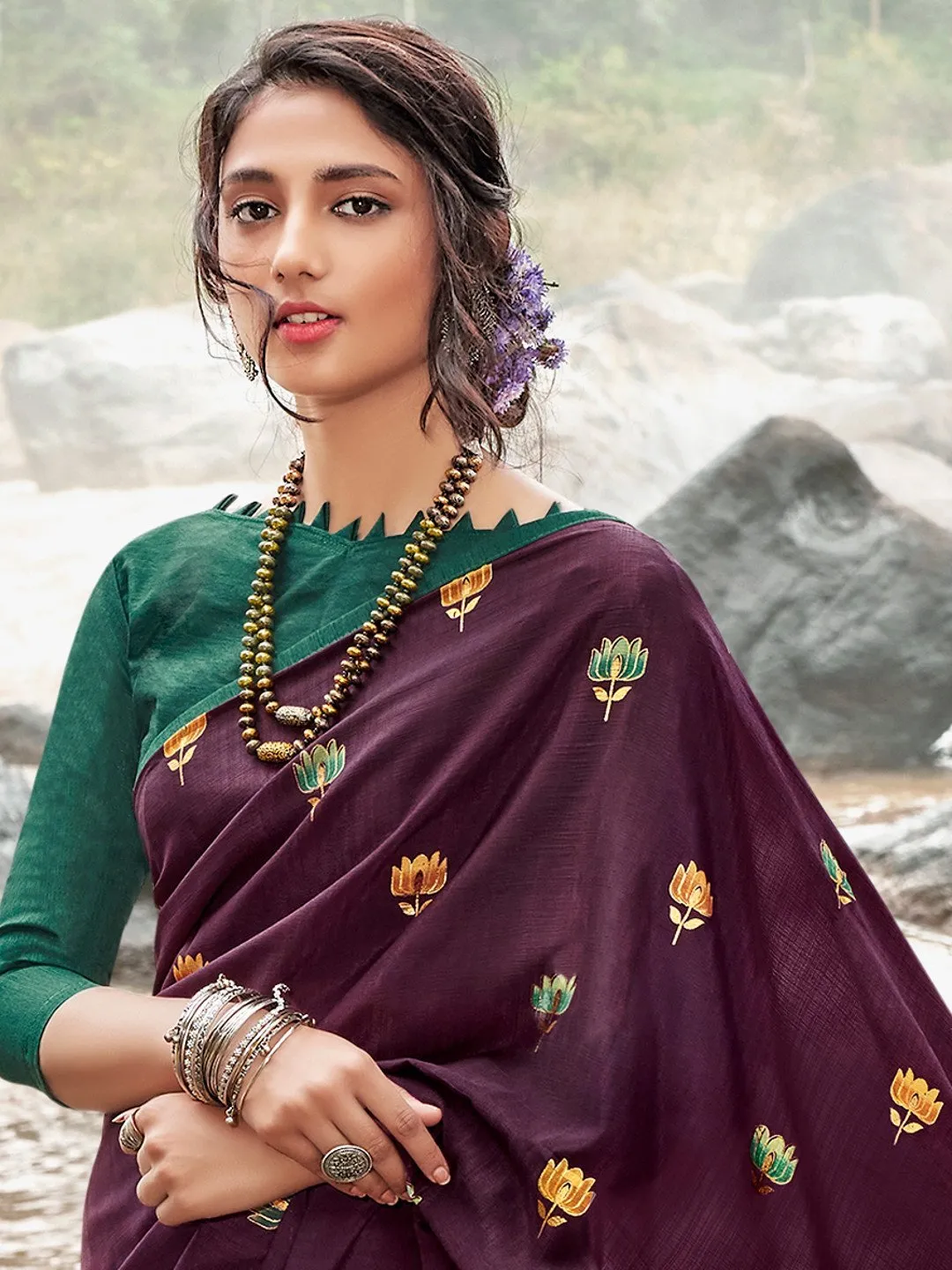 Designers Purple Printed Chiffon Sarees for Women With Blouse