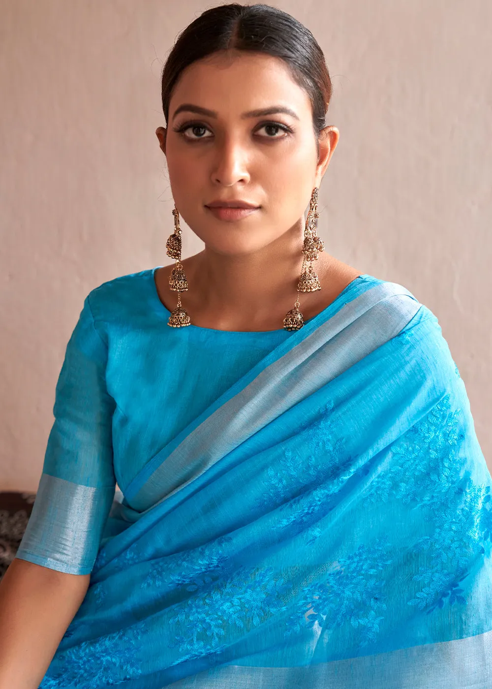 Dodger Blue Floral Embroidered Linen Saree