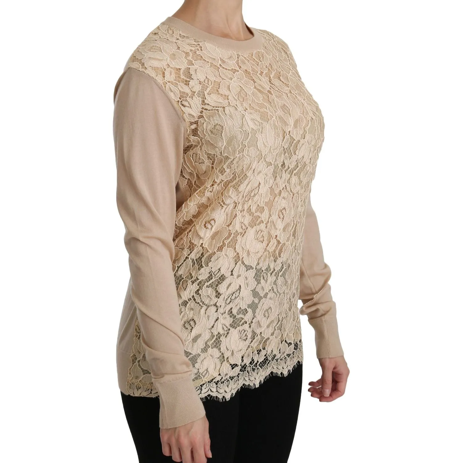 Dolce & Gabbana Elegant Beige Lace Crew Neck Cashmere Blouse