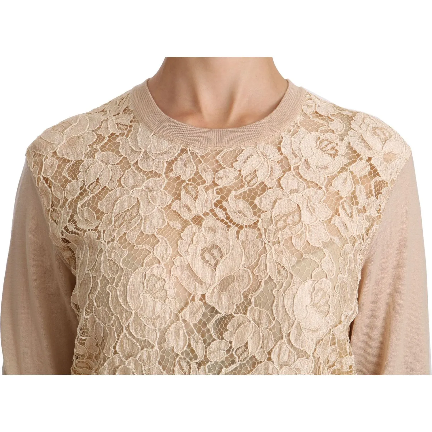 Dolce & Gabbana Elegant Beige Lace Crew Neck Cashmere Blouse