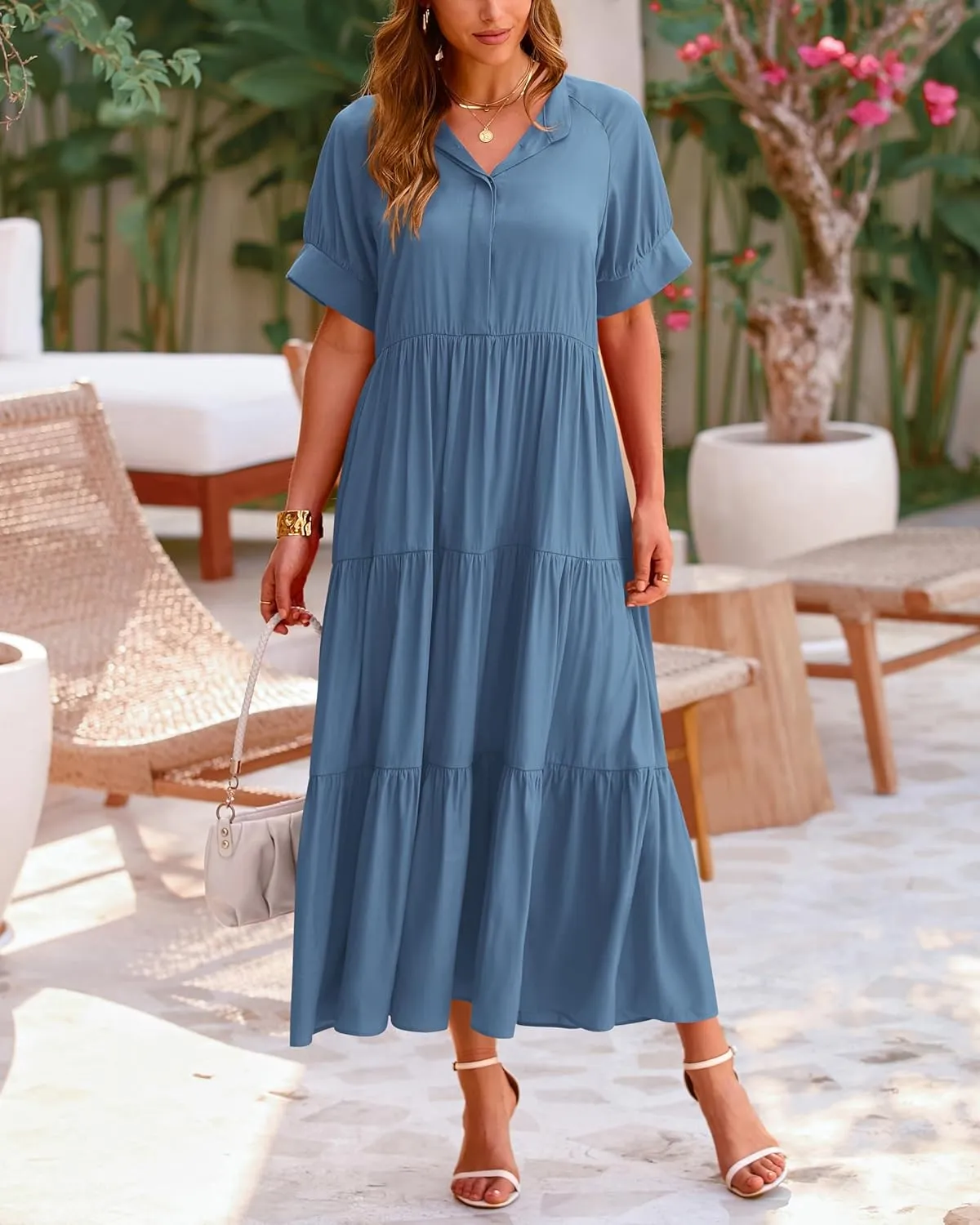 dowerme Women's Summer Dresses 2025 Casual Short Sleeve Button Loose Fit Pleated Boho Flowy Swing Long Beach Sun Dress