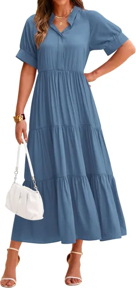 dowerme Women's Summer Dresses 2025 Casual Short Sleeve Button Loose Fit Pleated Boho Flowy Swing Long Beach Sun Dress