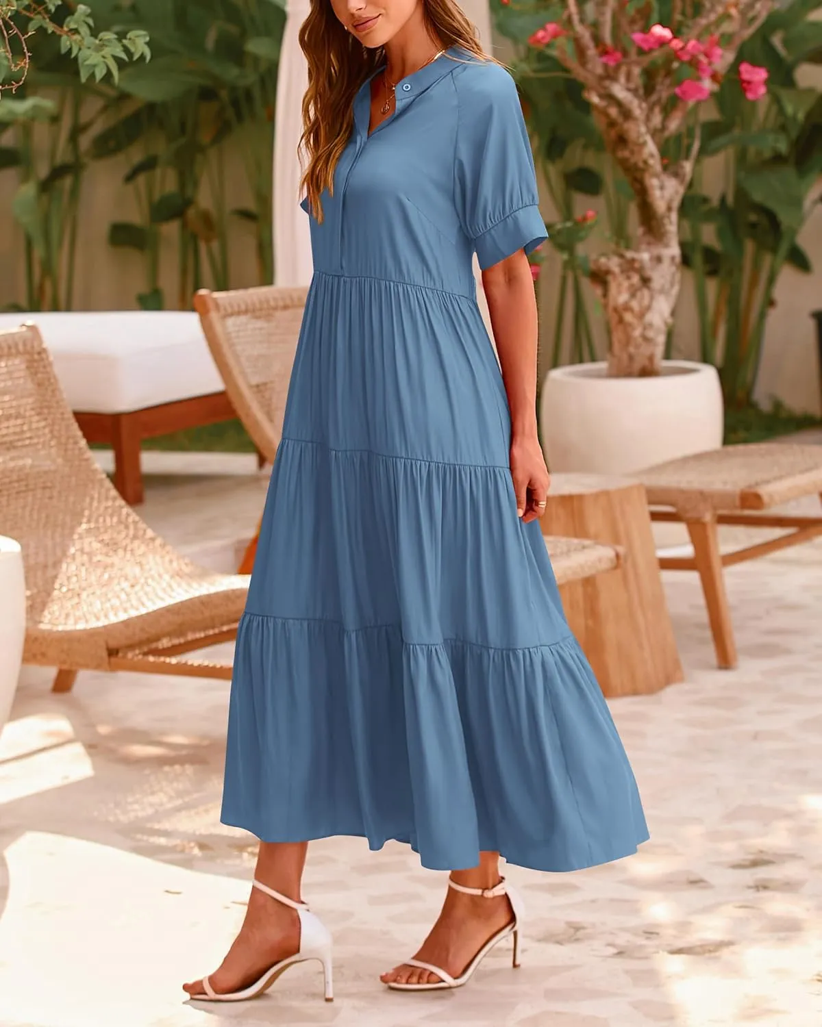 dowerme Women's Summer Dresses 2025 Casual Short Sleeve Button Loose Fit Pleated Boho Flowy Swing Long Beach Sun Dress