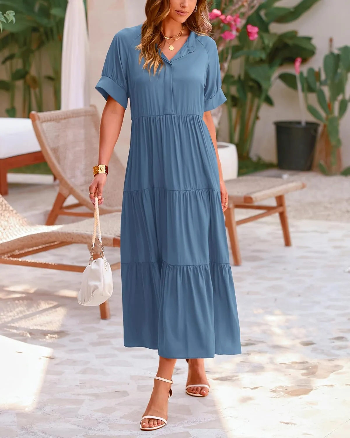 dowerme Women's Summer Dresses 2025 Casual Short Sleeve Button Loose Fit Pleated Boho Flowy Swing Long Beach Sun Dress
