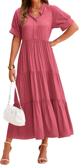 dowerme Women's Summer Dresses 2025 Casual Short Sleeve Button Loose Fit Pleated Boho Flowy Swing Long Beach Sun Dress