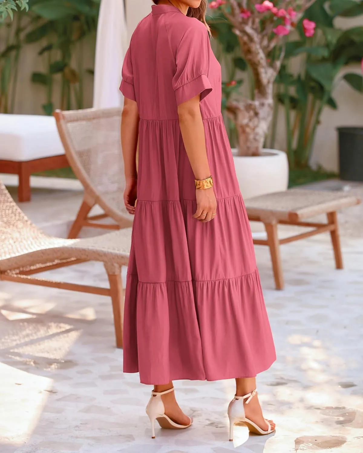 dowerme Women's Summer Dresses 2025 Casual Short Sleeve Button Loose Fit Pleated Boho Flowy Swing Long Beach Sun Dress