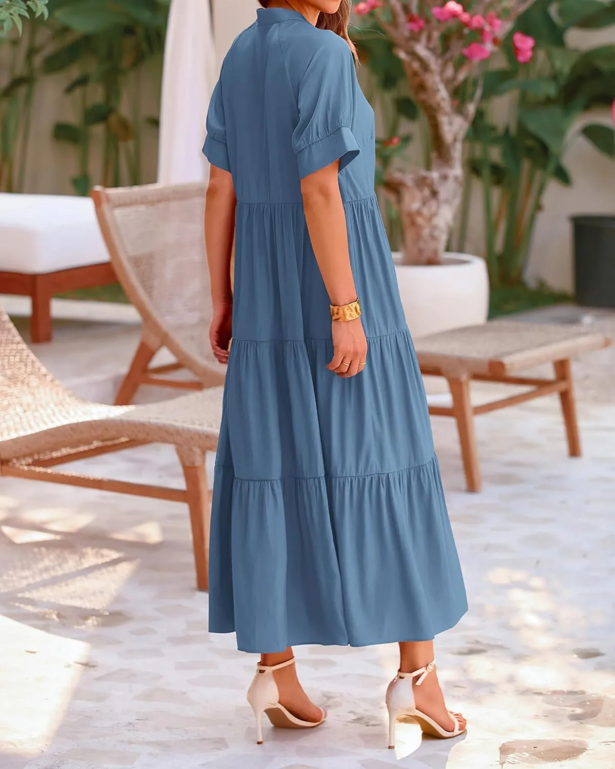 dowerme Women's Summer Dresses 2025 Casual Short Sleeve Button Loose Fit Pleated Boho Flowy Swing Long Beach Sun Dress
