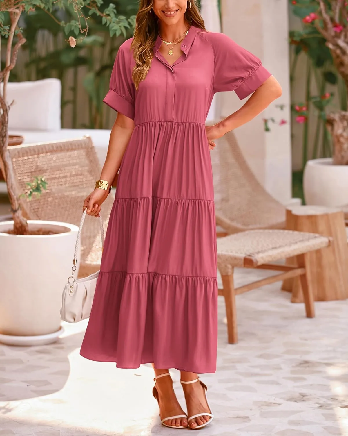 dowerme Women's Summer Dresses 2025 Casual Short Sleeve Button Loose Fit Pleated Boho Flowy Swing Long Beach Sun Dress