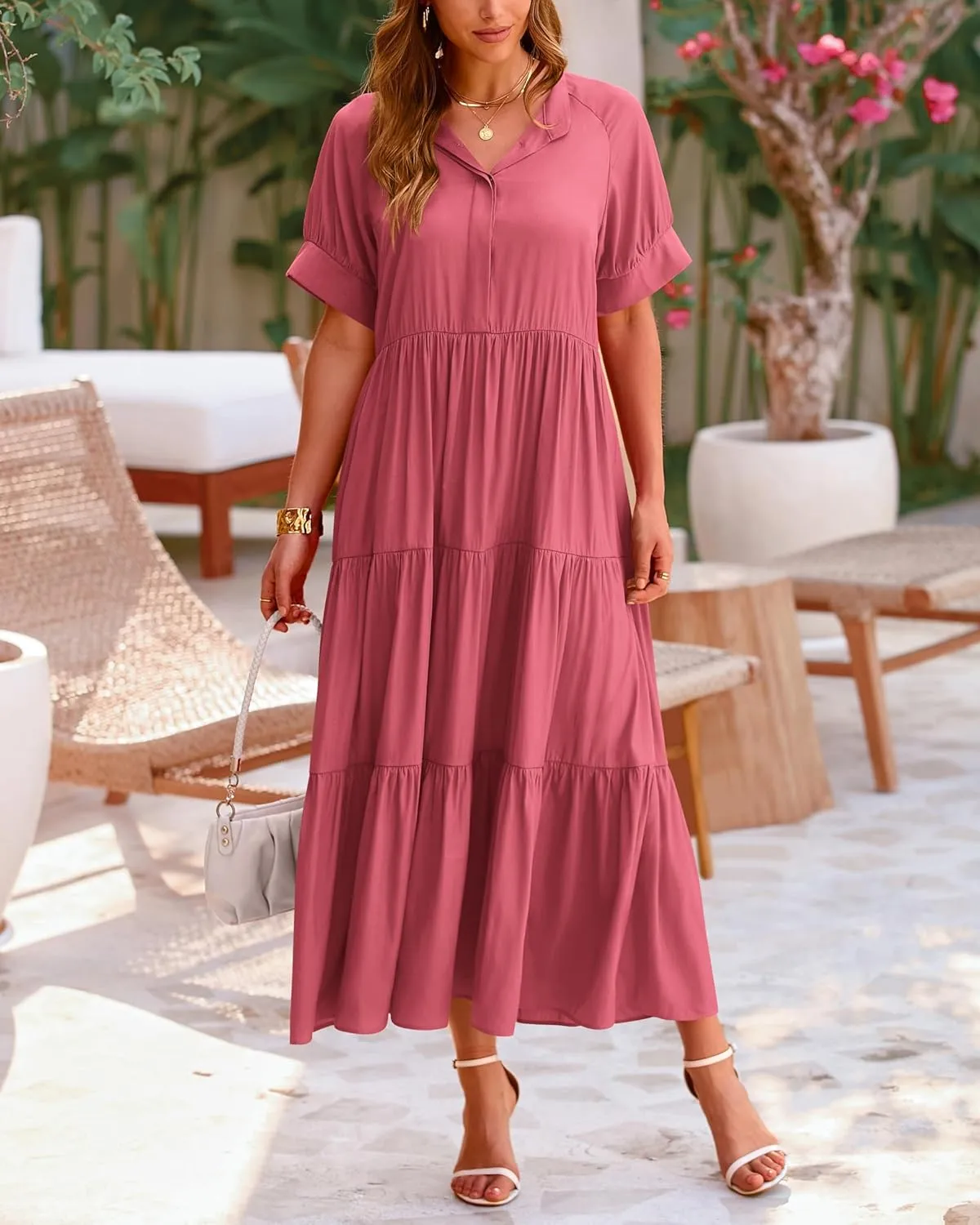 dowerme Women's Summer Dresses 2025 Casual Short Sleeve Button Loose Fit Pleated Boho Flowy Swing Long Beach Sun Dress