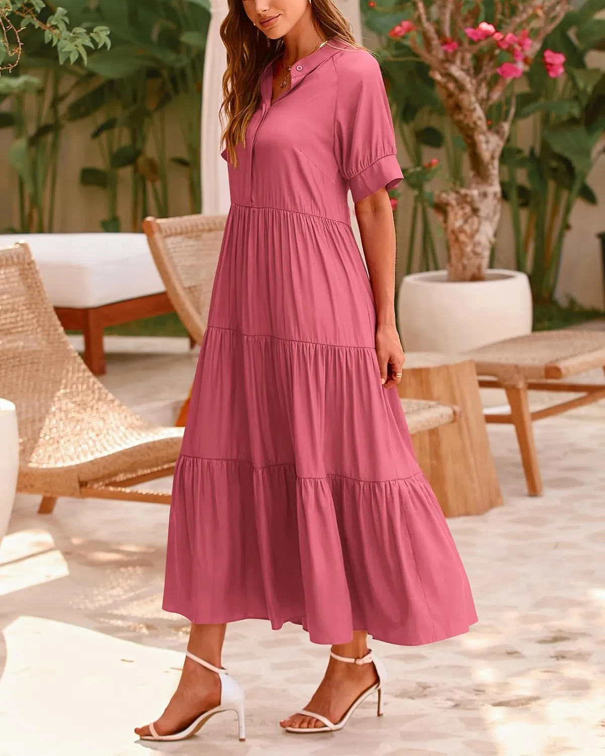 dowerme Women's Summer Dresses 2025 Casual Short Sleeve Button Loose Fit Pleated Boho Flowy Swing Long Beach Sun Dress