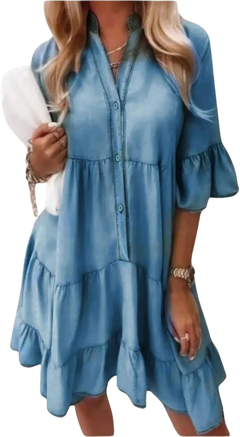 ebossy Women's Summer Casual 3/4 Sleeve Ruffle Jean Dress Tiered Flowy Button Down Shirt Dress 2025 Trendy Outftis