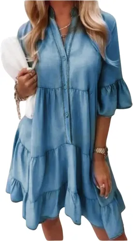 ebossy Women's Summer Casual 3/4 Sleeve Ruffle Jean Dress Tiered Flowy Button Down Shirt Dress 2025 Trendy Outftis