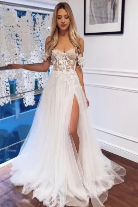 Elegant Off Shoulder White Lace Tulle Long Prom Dress with High Slit, Off the Shoulder White Wedding Dress, White Lace Formal Evening Dress A1632