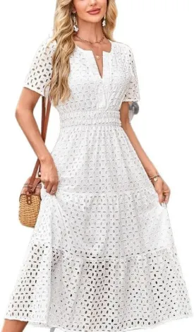 Eyelet Ruffle Dress Women's Short Sleeve Mini Dress Summer V Neck Hollow Out Swing Short Dresses
