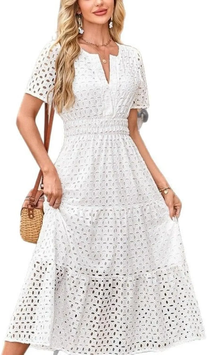 Eyelet Ruffle Dress Women's Short Sleeve Mini Dress Summer V Neck Hollow Out Swing Short Dresses