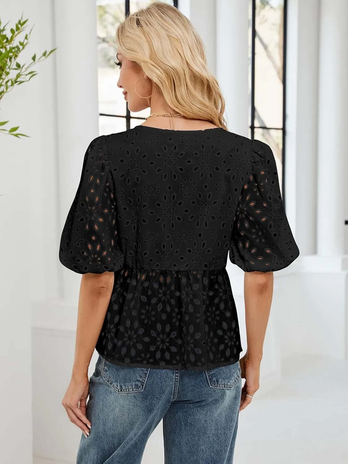FARORO Women's Summer Dressy Casual Tops Short Puff Sleeve Babydoll Peplum Blouse Bow Tie Front Hollow Out Lace Shirts