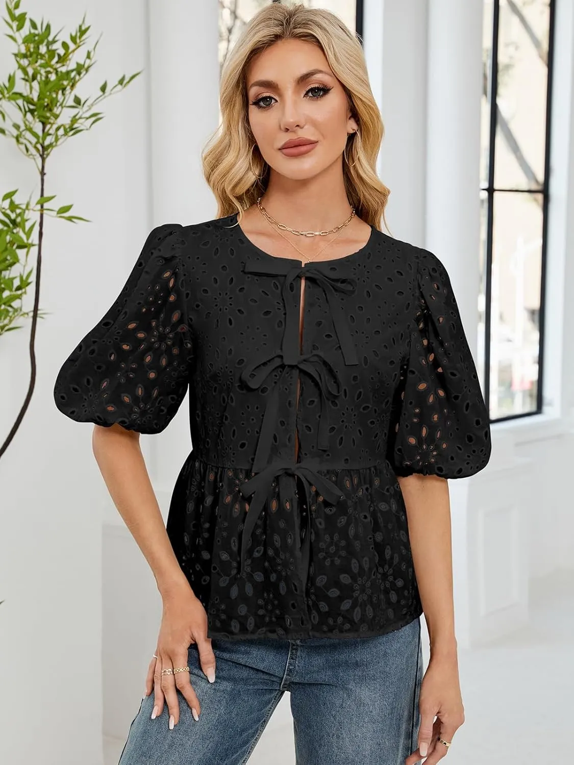 FARORO Women's Summer Dressy Casual Tops Short Puff Sleeve Babydoll Peplum Blouse Bow Tie Front Hollow Out Lace Shirts