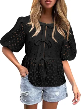 FARORO Women's Summer Dressy Casual Tops Short Puff Sleeve Babydoll Peplum Blouse Bow Tie Front Hollow Out Lace Shirts