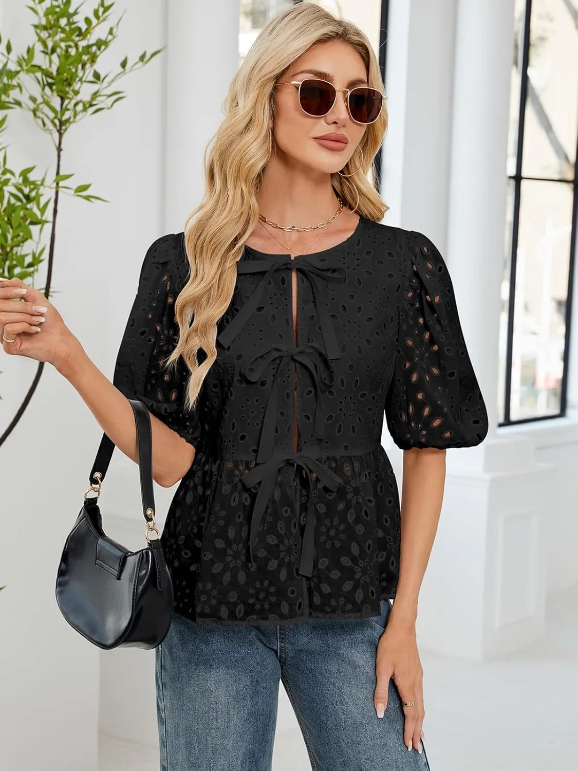 FARORO Women's Summer Dressy Casual Tops Short Puff Sleeve Babydoll Peplum Blouse Bow Tie Front Hollow Out Lace Shirts