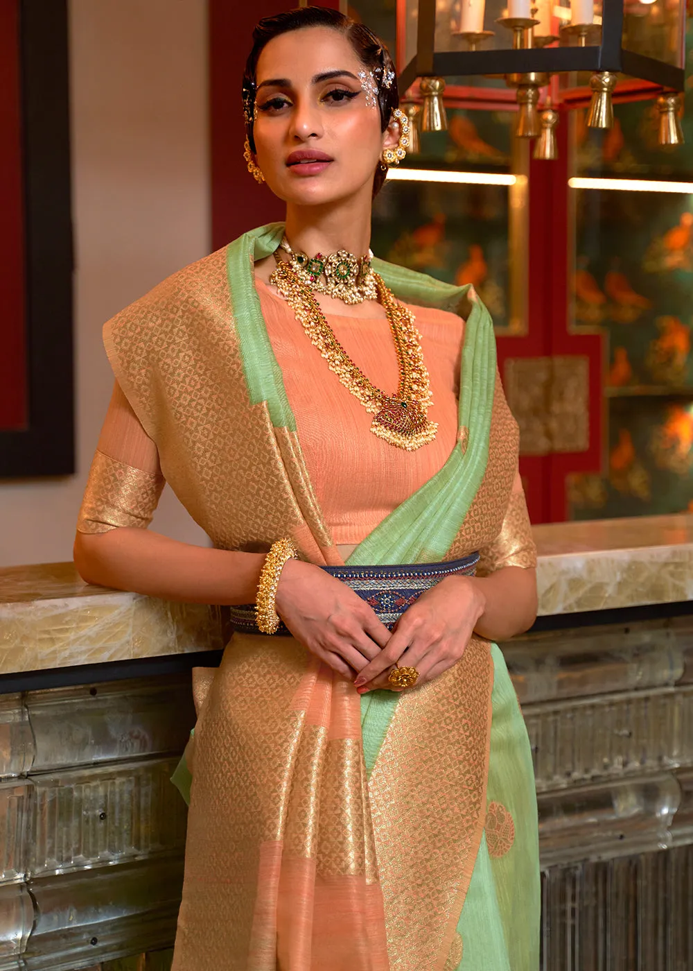 Fern Green Woven Linen Silk Saree with Contrast Border & Pallu