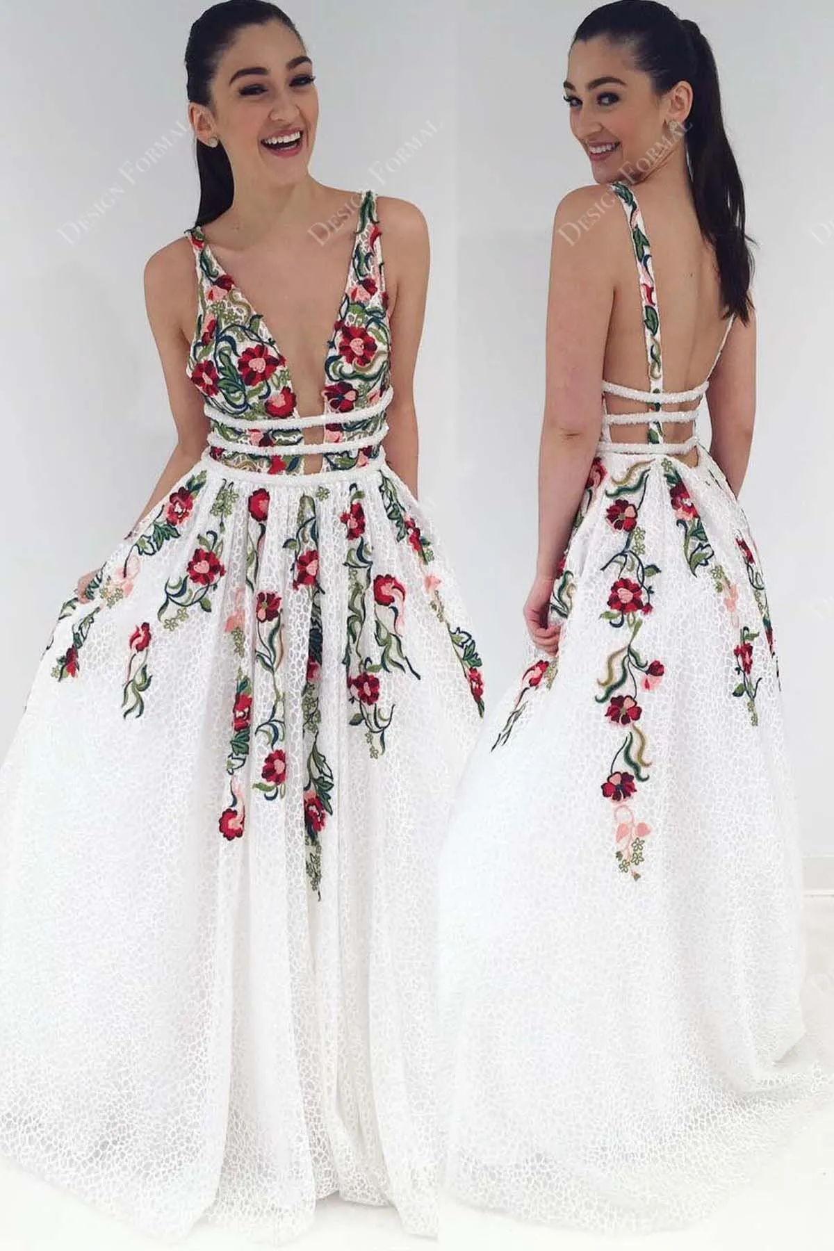 Floral Embroidery Sexy Plunging Neck Open Back Custom Dress
