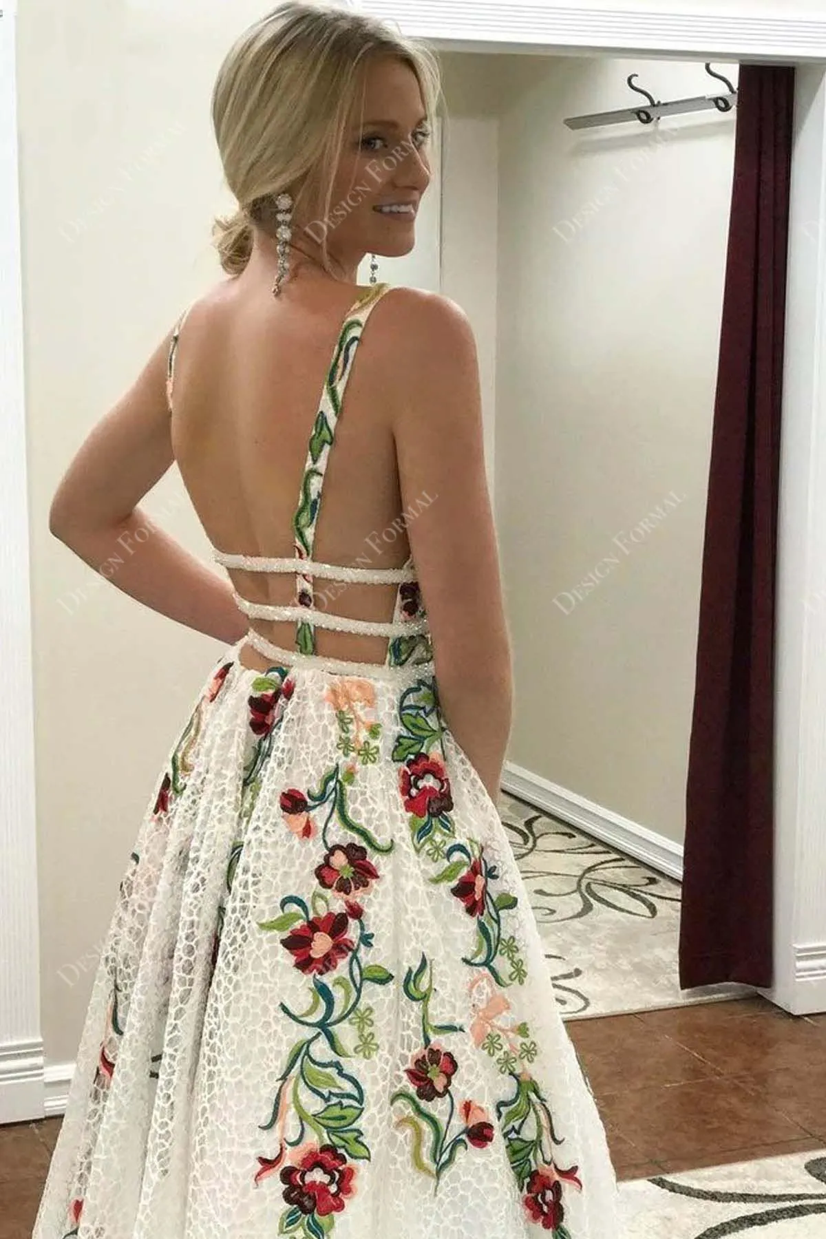 Floral Embroidery Sexy Plunging Neck Open Back Custom Dress
