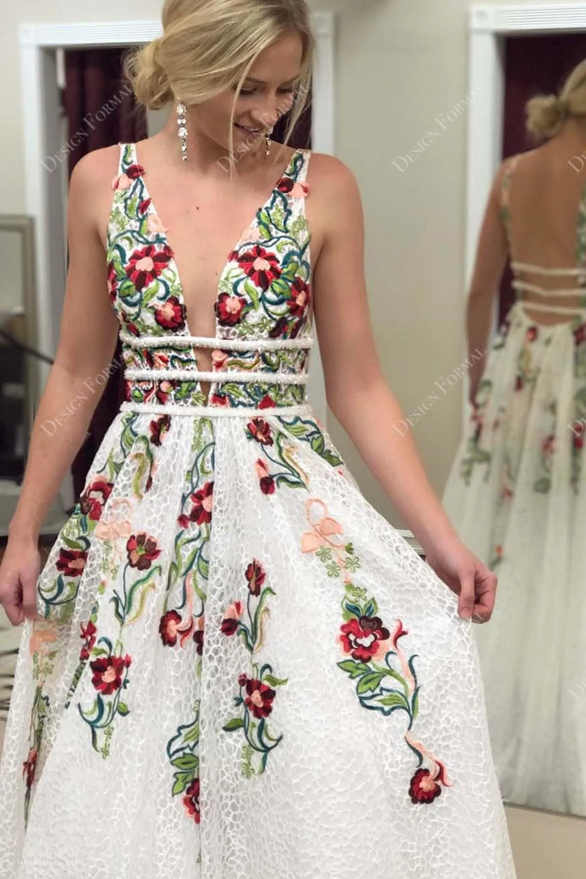 Floral Embroidery Sexy Plunging Neck Open Back Custom Dress