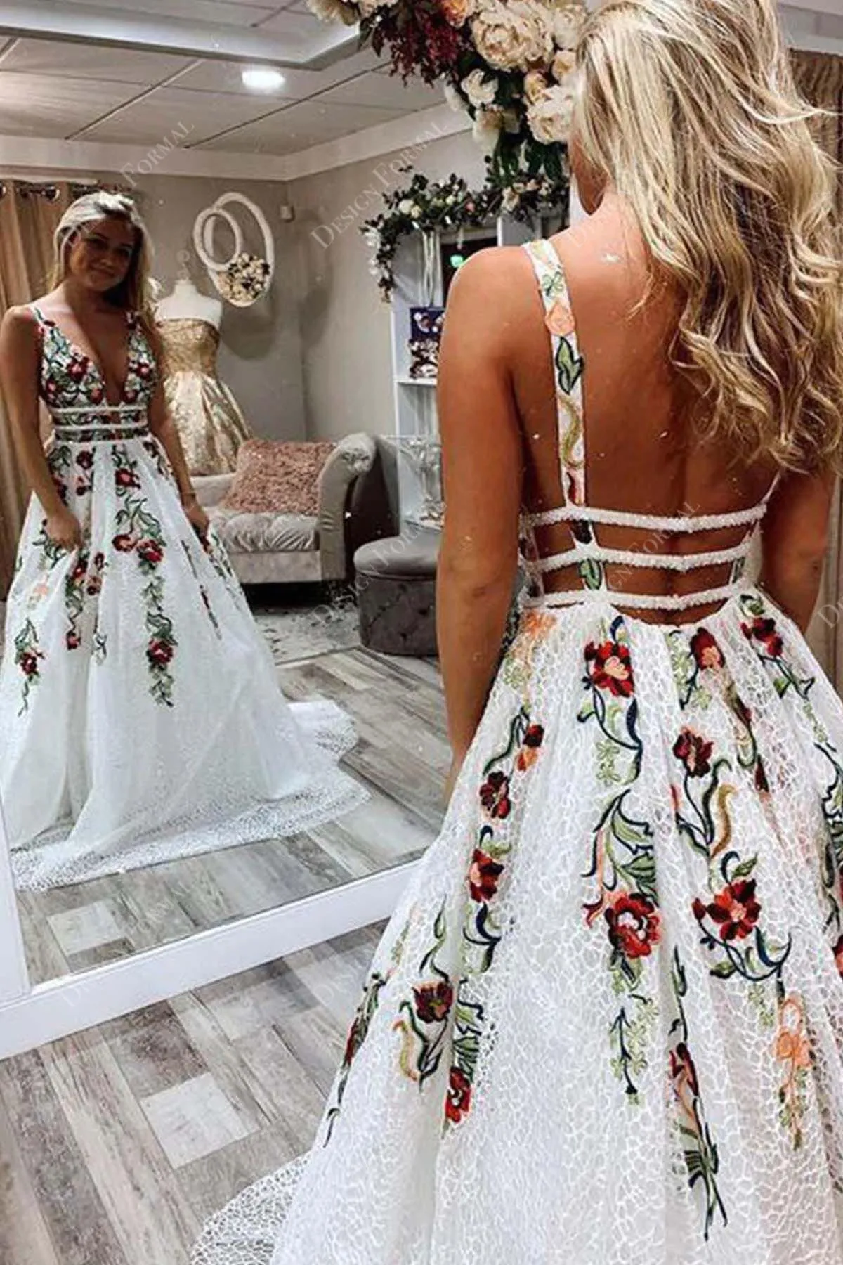 Floral Embroidery Sexy Plunging Neck Open Back Custom Dress