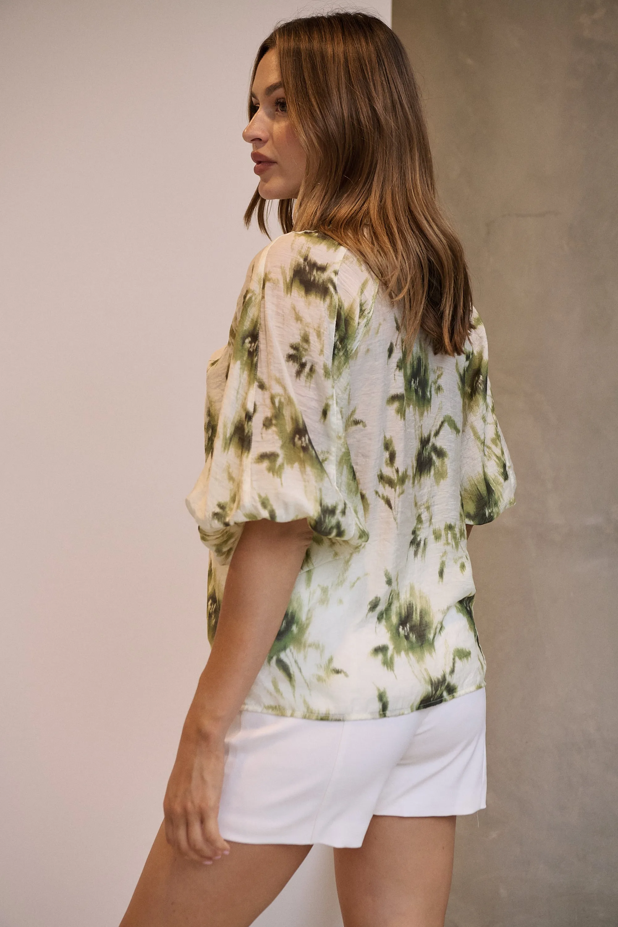 Frida Puff Sleeve Sage/Forrest Green Print Blouse