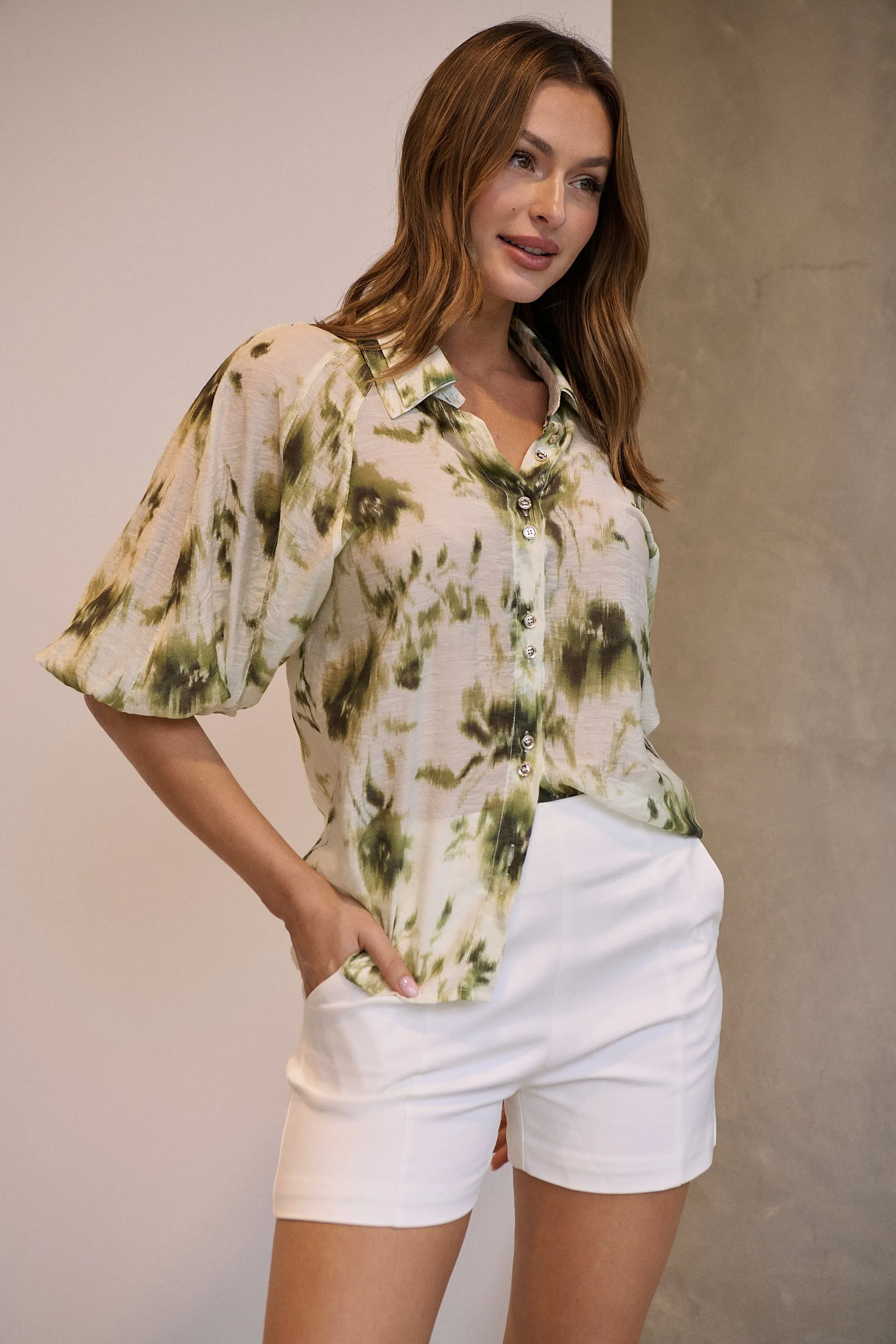 Frida Puff Sleeve Sage/Forrest Green Print Blouse