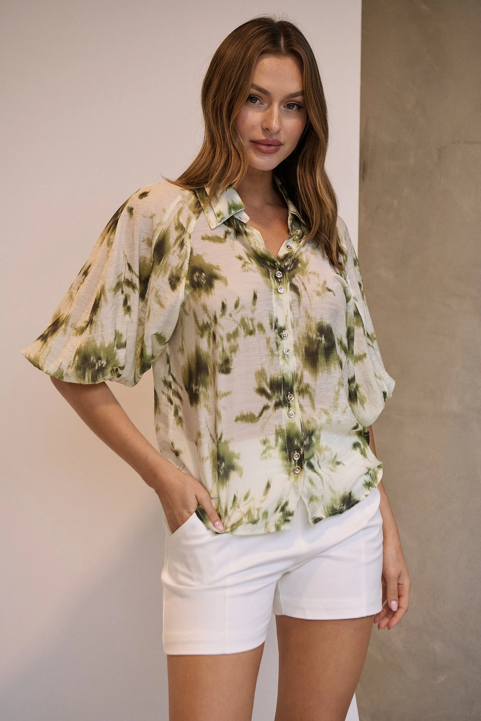 Frida Puff Sleeve Sage/Forrest Green Print Blouse