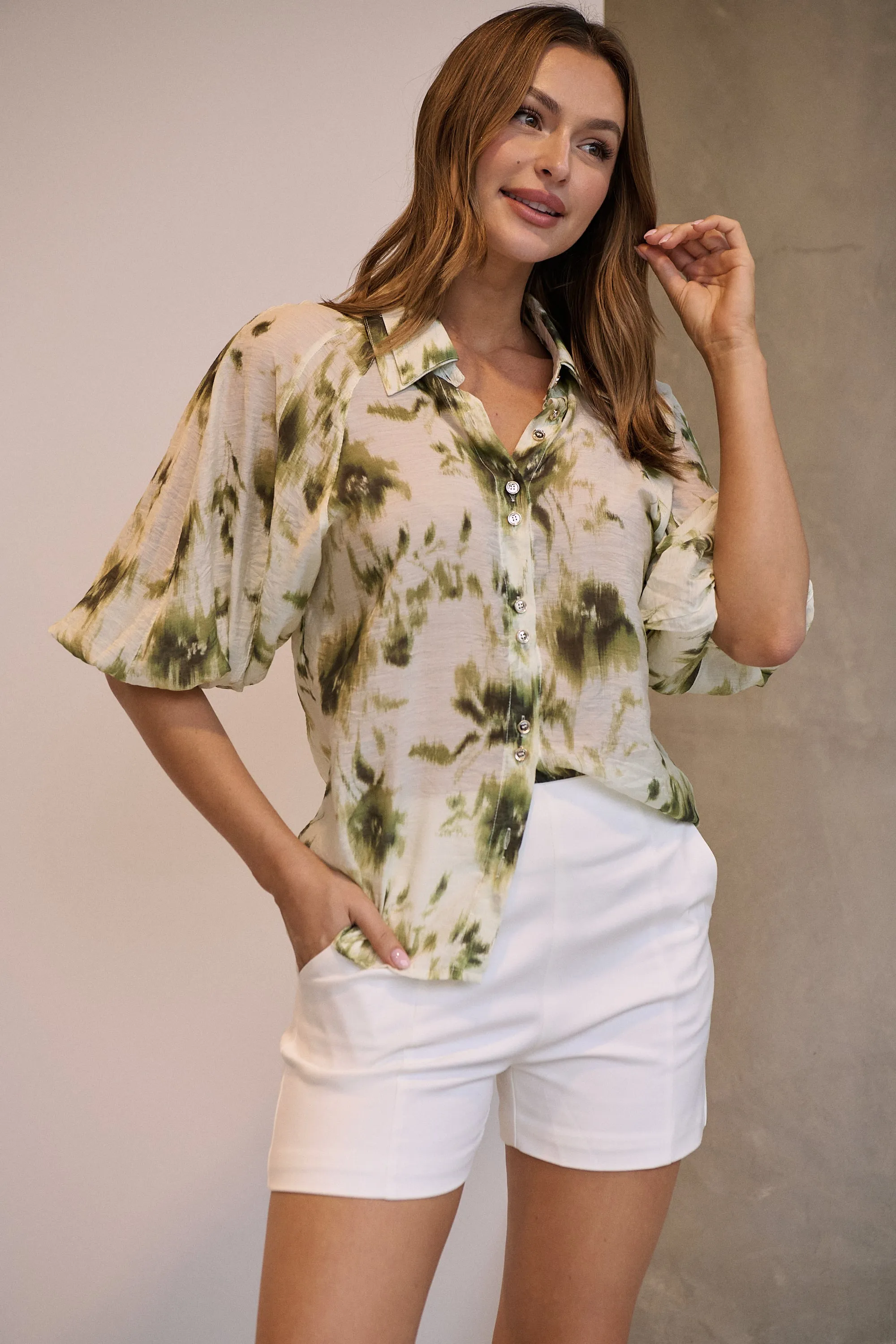 Frida Puff Sleeve Sage/Forrest Green Print Blouse