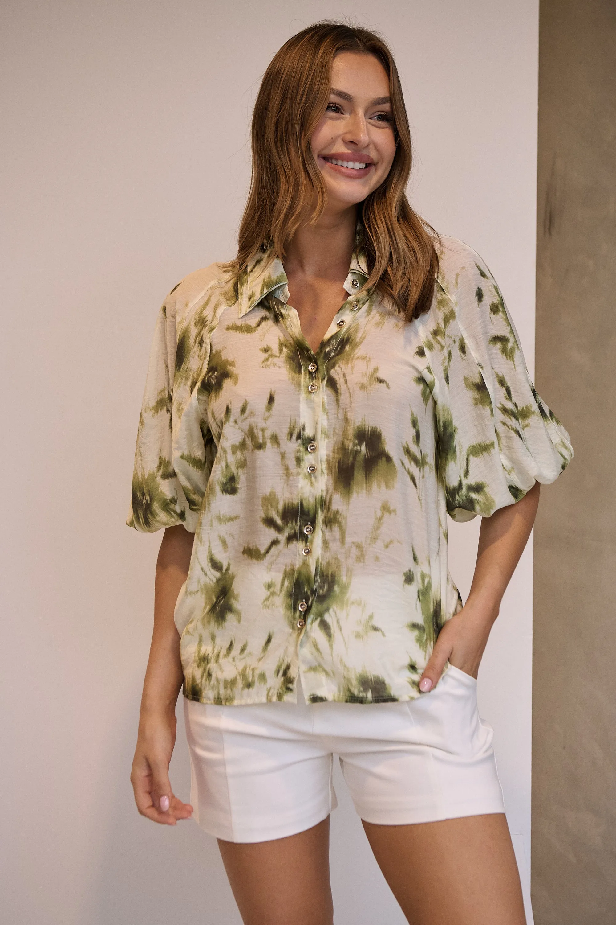 Frida Puff Sleeve Sage/Forrest Green Print Blouse