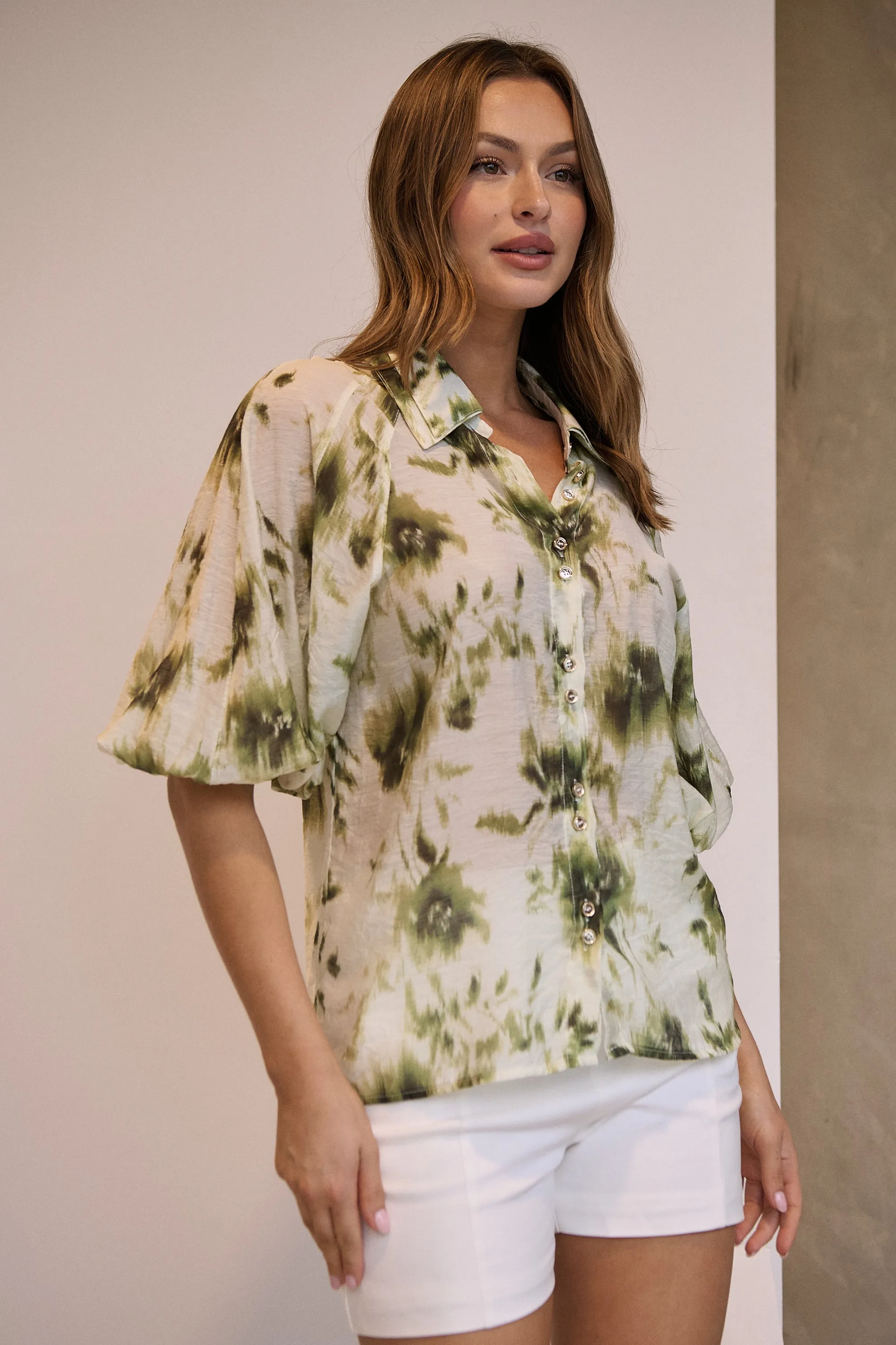 Frida Puff Sleeve Sage/Forrest Green Print Blouse