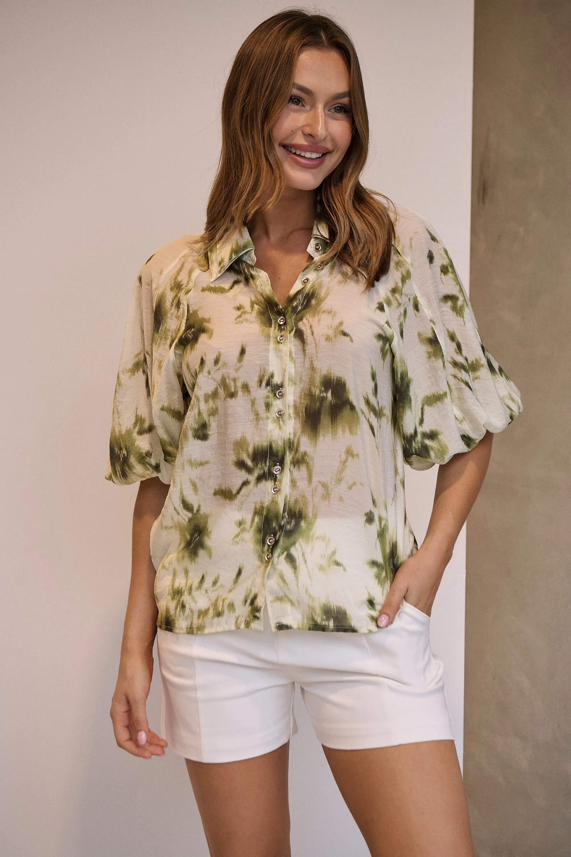 Frida Puff Sleeve Sage/Forrest Green Print Blouse