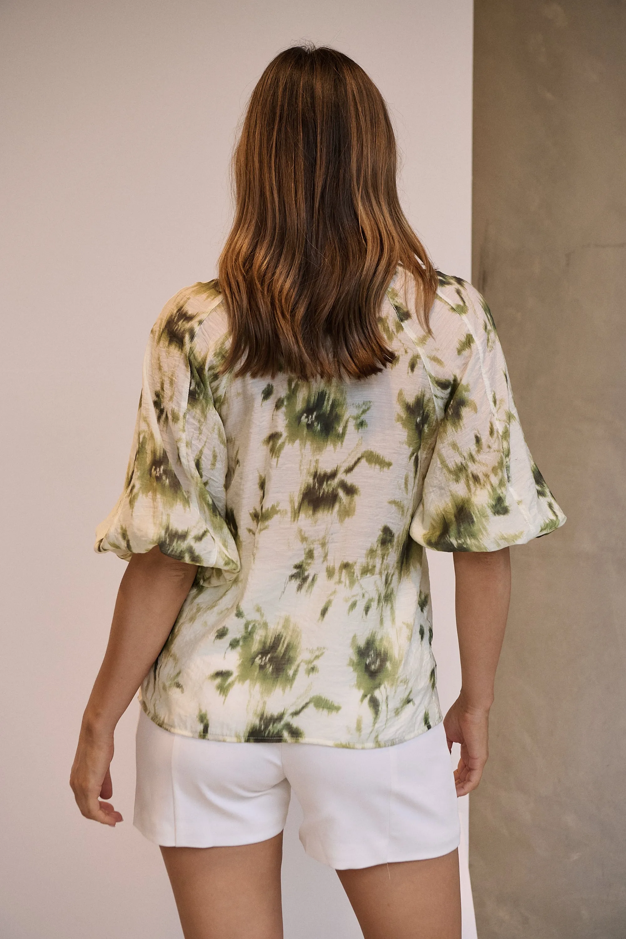 Frida Puff Sleeve Sage/Forrest Green Print Blouse