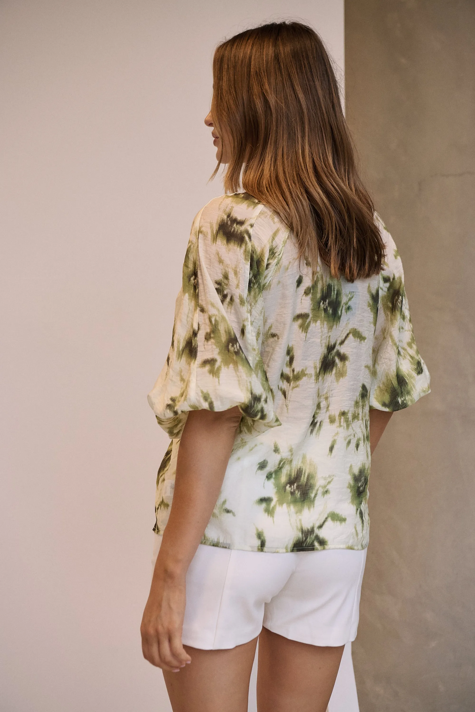 Frida Puff Sleeve Sage/Forrest Green Print Blouse