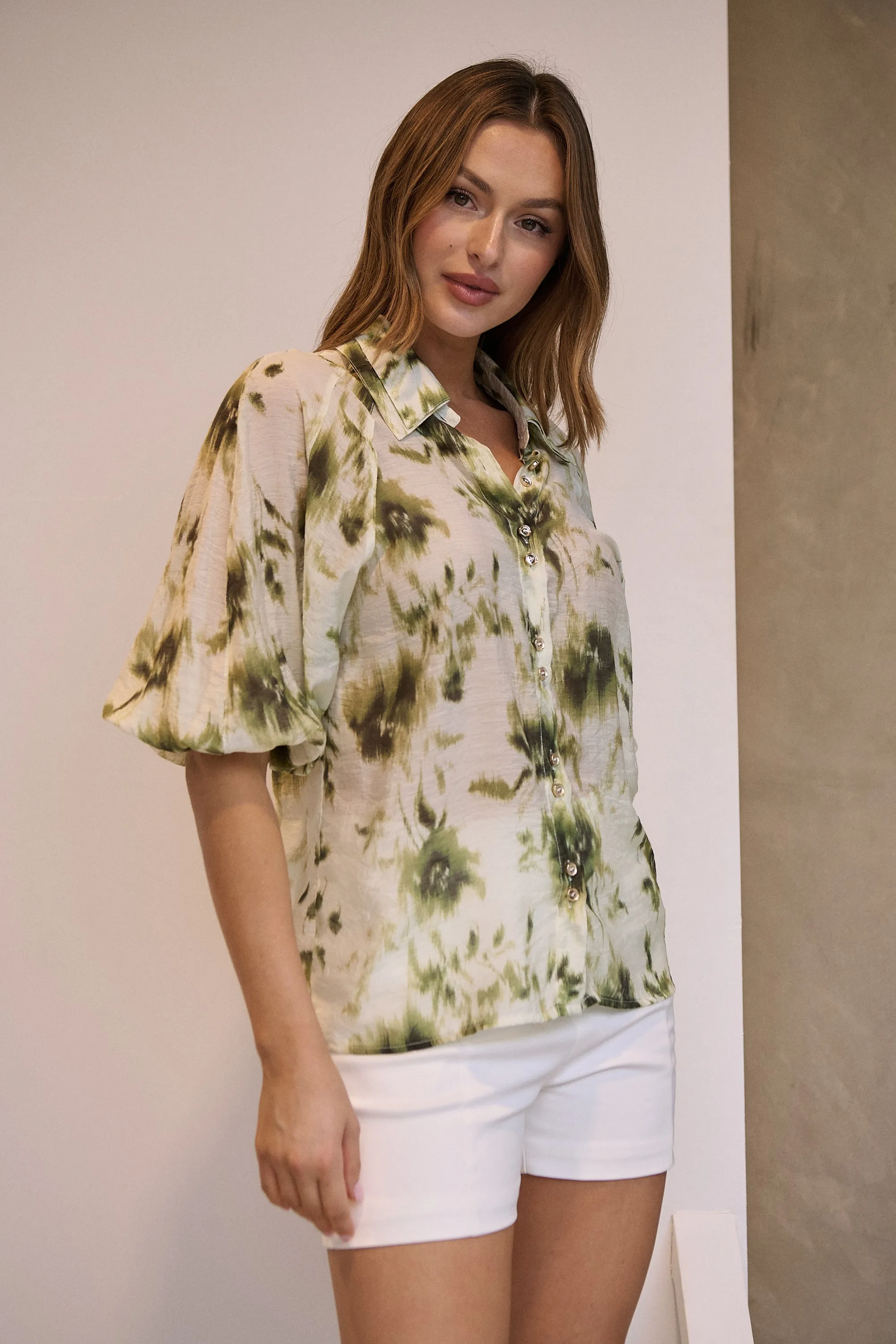 Frida Puff Sleeve Sage/Forrest Green Print Blouse