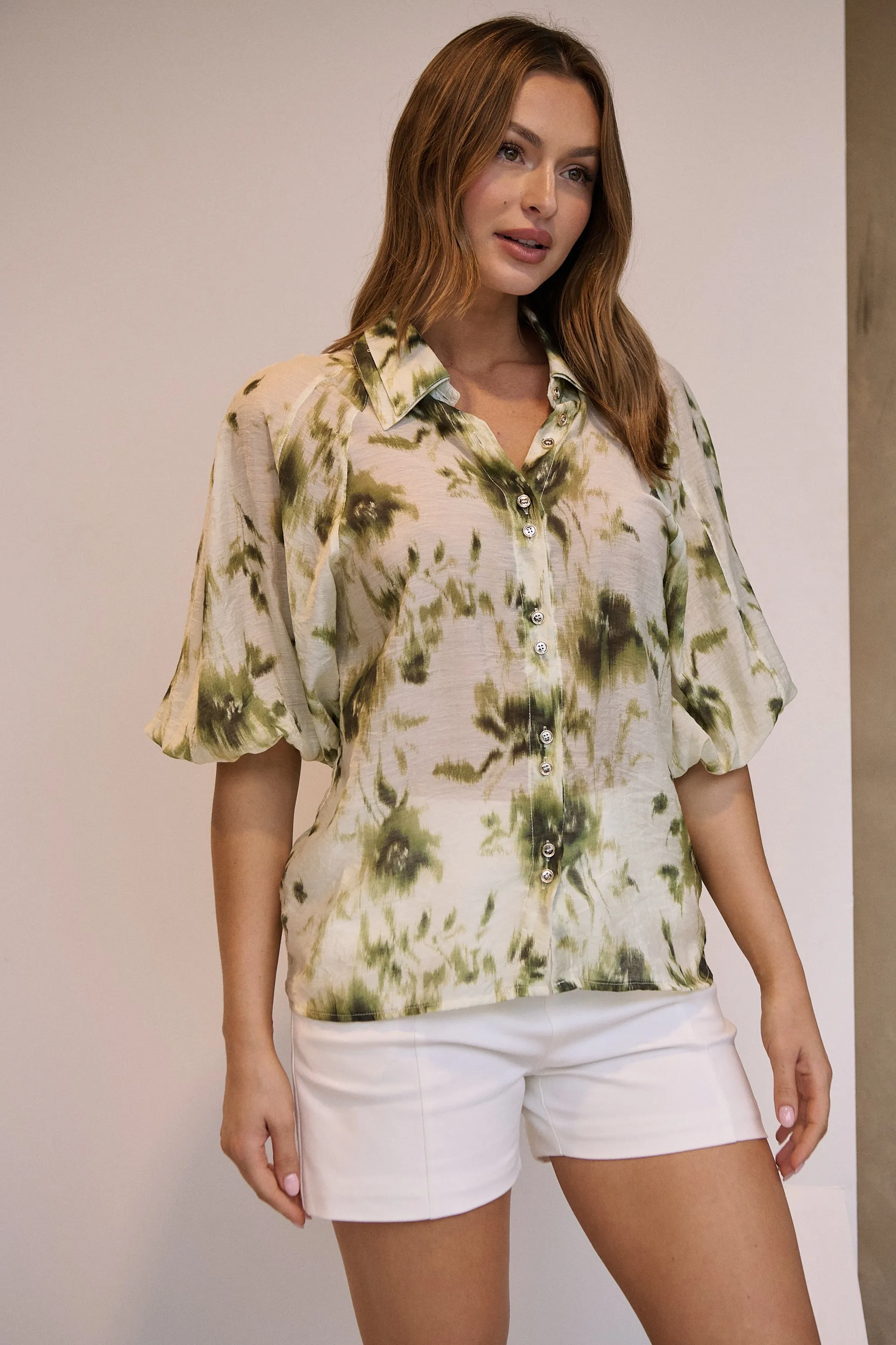 Frida Puff Sleeve Sage/Forrest Green Print Blouse