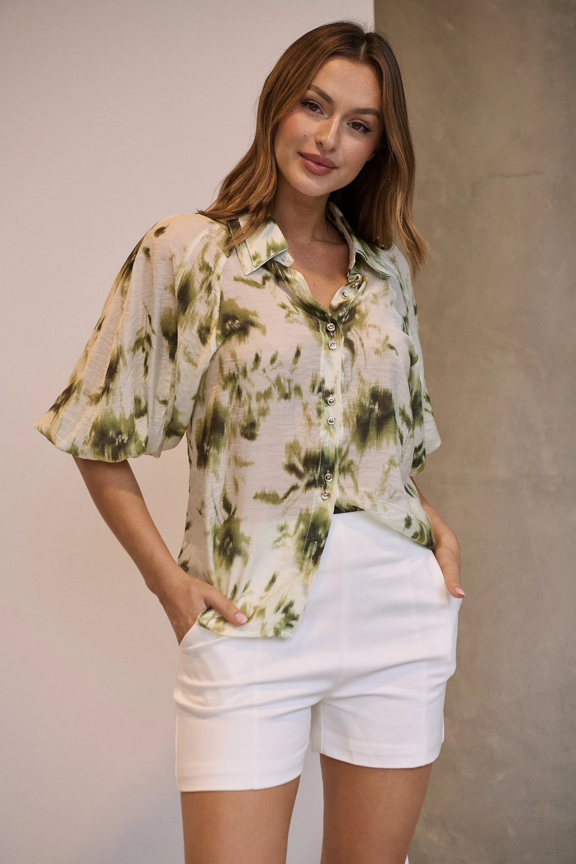 Frida Puff Sleeve Sage/Forrest Green Print Blouse