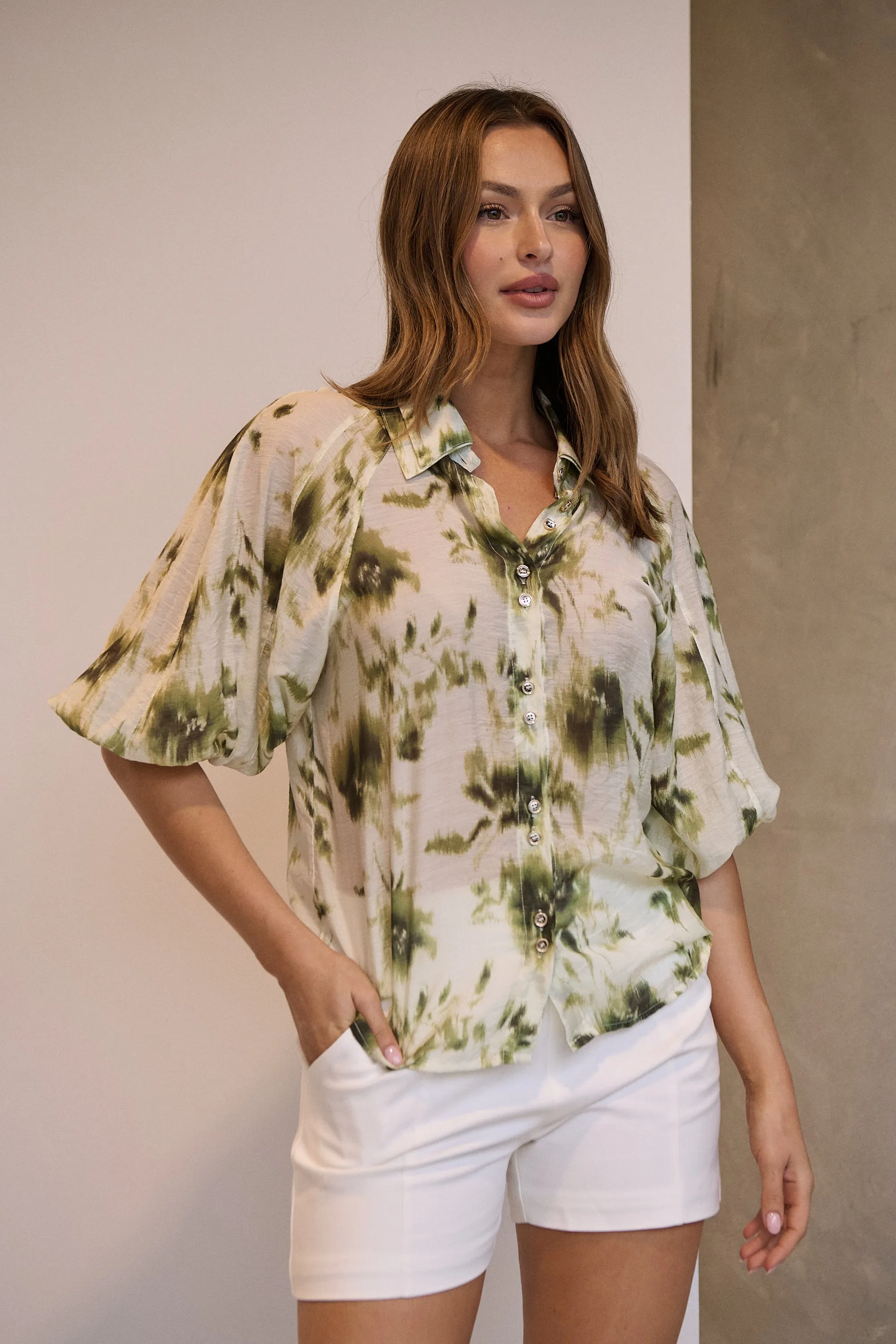 Frida Puff Sleeve Sage/Forrest Green Print Blouse